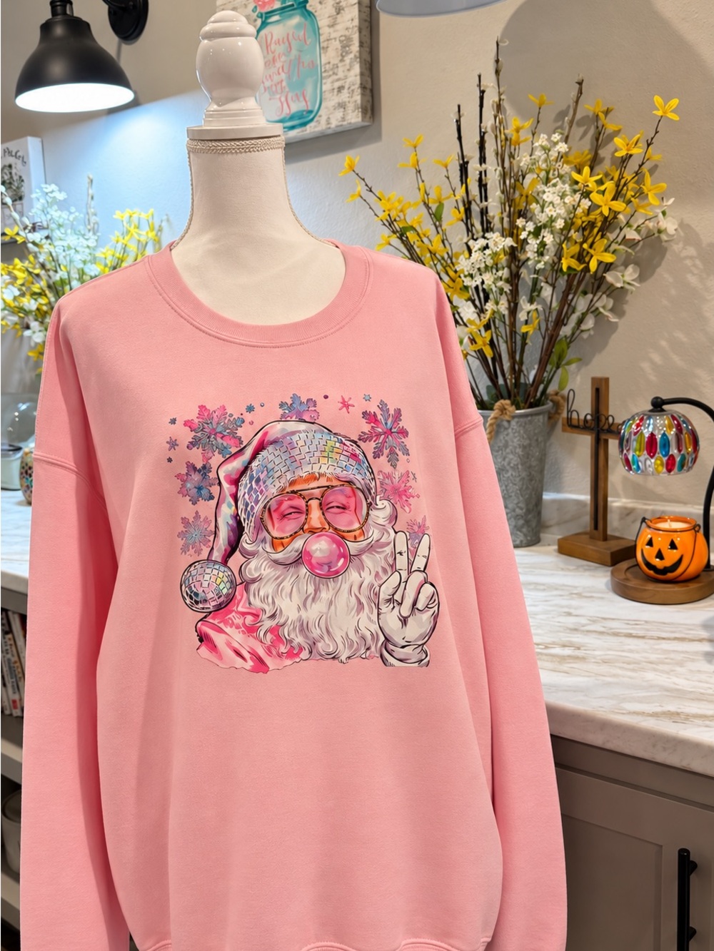 Pink Santa Christmas Fleece Crewneck Sweatshirt Disco Holiday New/No tag